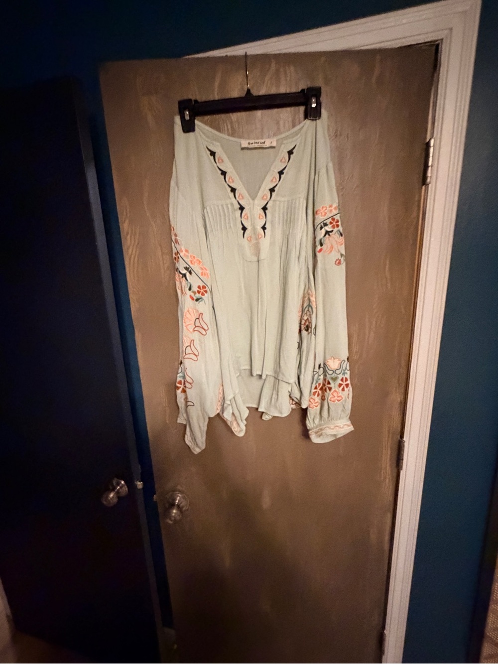Three Bird Nest Boho Embroidered Mint Long-Sleeve Women's Top